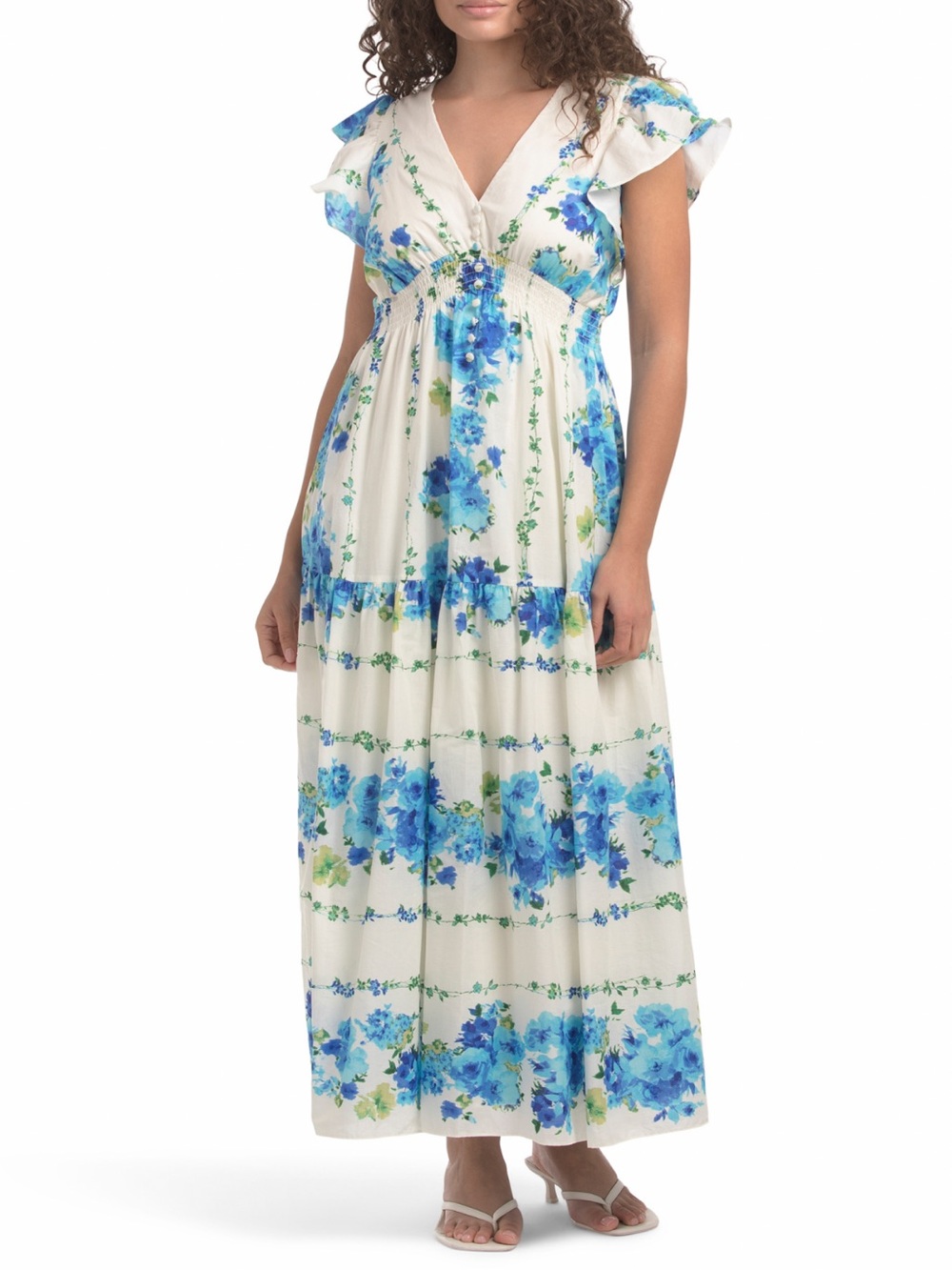 Taylor White Dress with Blue Floral Print Midi